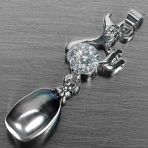 2.61 G. Fancy Cabochon Natural Multi-Color Pearl Rhodium Silver Plated Pendant