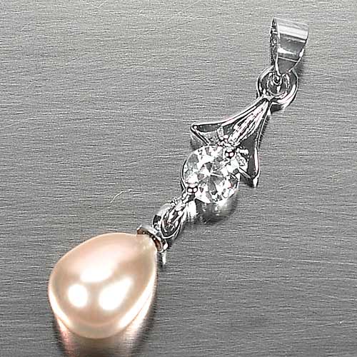 1.92 G. Fancy Cabochon Natural Peach Pearl Rhodium Silver Plated Pendant
