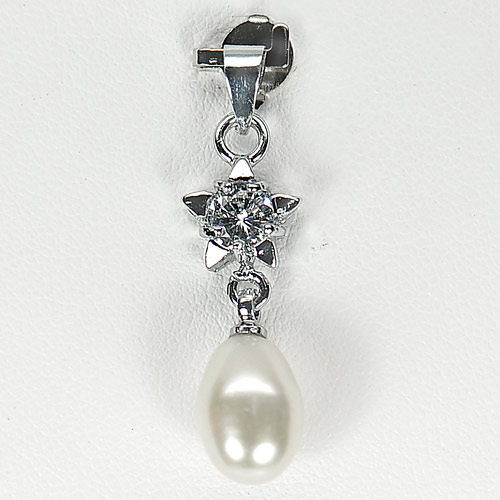 1.89 G. Natural White Pearl Rhodium Silver Plated Pendant Fancy Cabochon