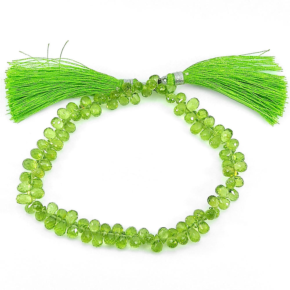 88.30 Ct. Natural Green Peridot Beads Long 9 Inch Briolette Cut 6.8 x 4.4 Mm.