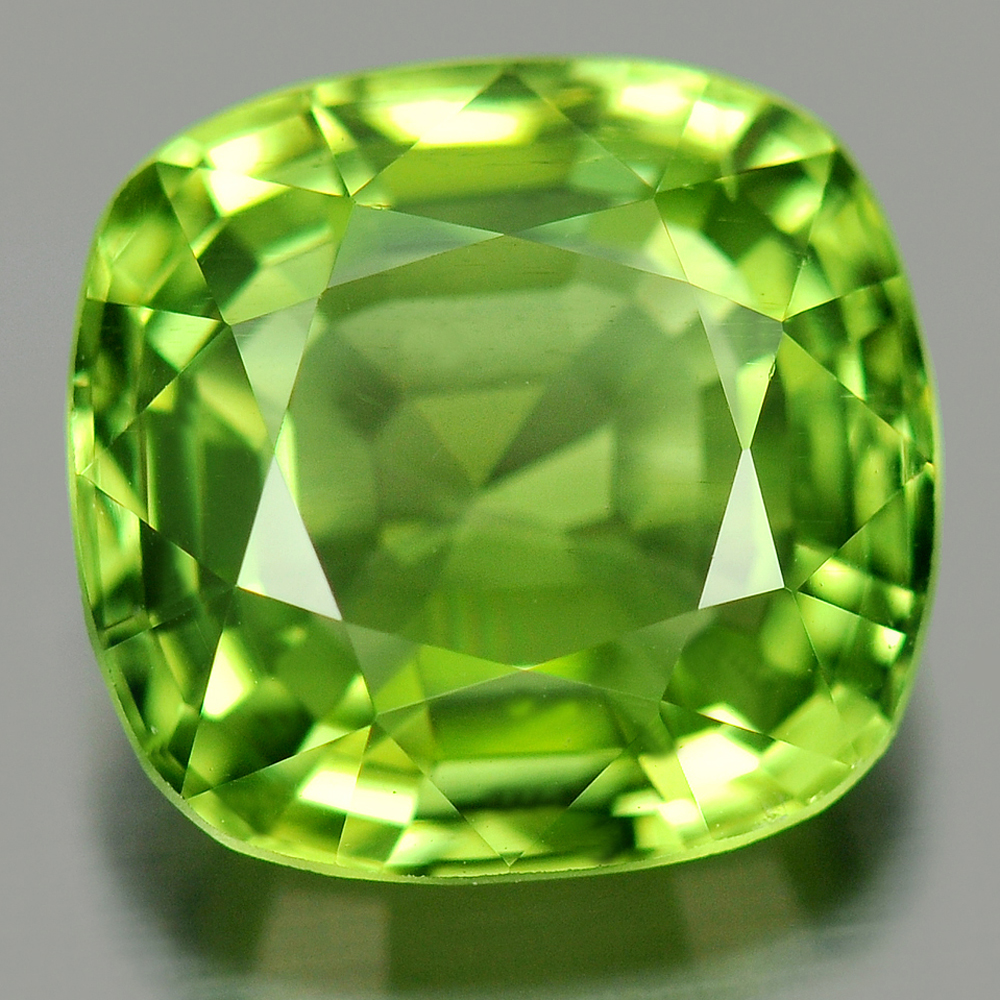 Green Peridot 3.19 Ct. VVS Cushion Shape 9.1 x 8.6 Mm. Natural Gemstone Unheated