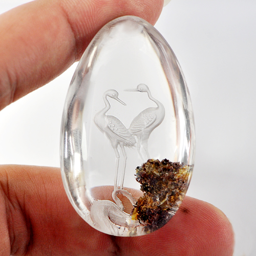 150 Ct. Birds Carving Natural Inner Moss White Quartz Pear Cabochon Unheated
