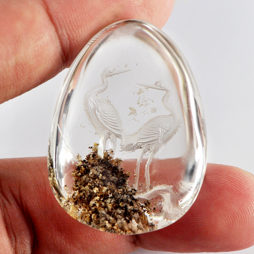 100.00 Ct. Birds Carving Natural Inner Moss White Quartz Pear Cabochon Unheated
