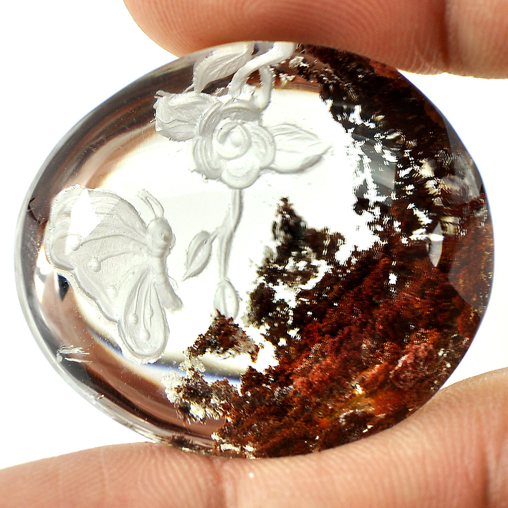 100.00 Ct.Carving Butterfly Natural Inner Moss Fancy Cabochon Brown White Quartz