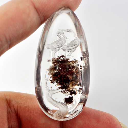 125.00 Ct. Birds Carving Natural Inner Moss White Quartz Pear Cabochon Unheated