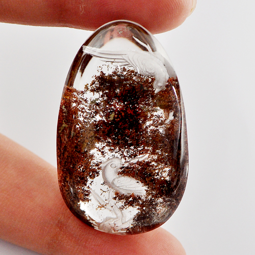 75.00 Ct. Birds Carving Inner Pear Cabochon Natural Moss Brown White Quartz