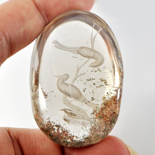 250.00 Ct. Birds Carving Natural Inner Moss White Quartz Oval Cabochon Unheated
