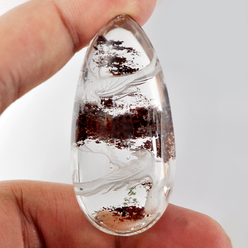 125 Ct. Nice Birds Carving Natural Inner Moss White Quartz Pear Cabochon
