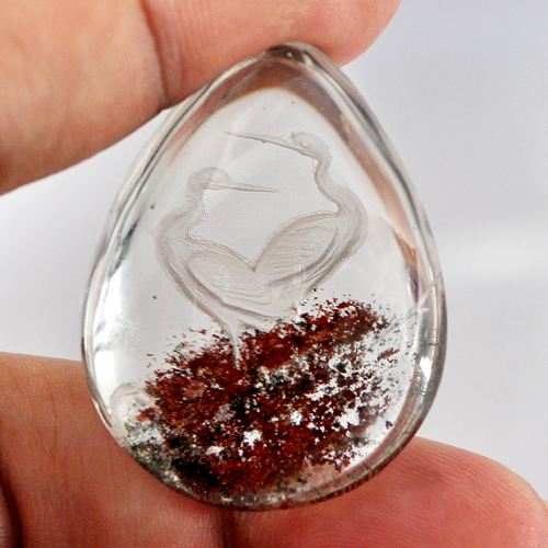 100.00 Ct. Natural Inner Moss Brown White Quartz Carving Birds Pear Cabochon