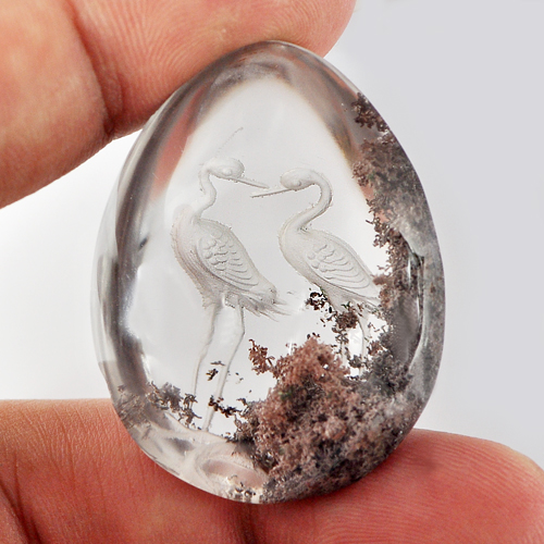 100.00 Ct. Natural Inner Moss Brown White Quartz Carving Birds Pear Cabochon
