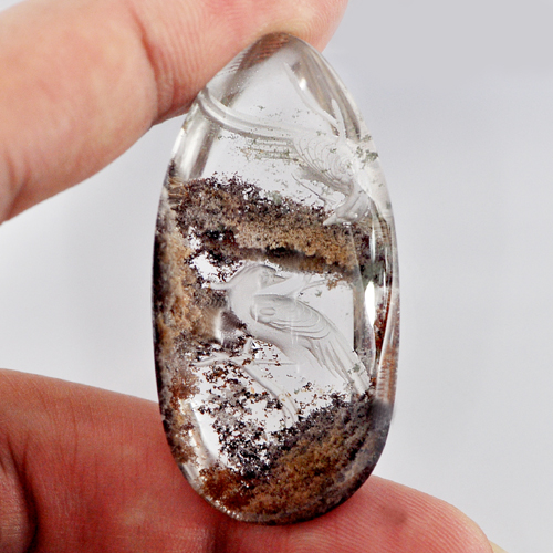 100.00 Ct. Birds Carving Natural Inner Moss White Quartz Pear Cabochon Unheated