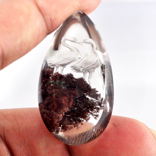 Nice 75.00 Ct. Natural Inner Moss Brown White Quartz Carving Birds Pear Cabochon