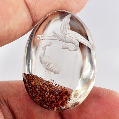 75.00 Ct. Good Natural Inner Moss Brown White Quartz Carving Birds Pear Cabochon