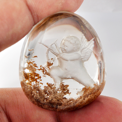 125.00 Ct. Cupid Carving Natural Inner Moss White Quartz Pear Cabochon