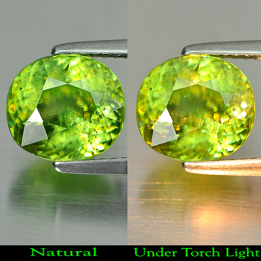 Green Sphene With Rainbow Spark 3.50 Ct. Oval Shape 9.4 x 8.5 Mm. Natural Gem