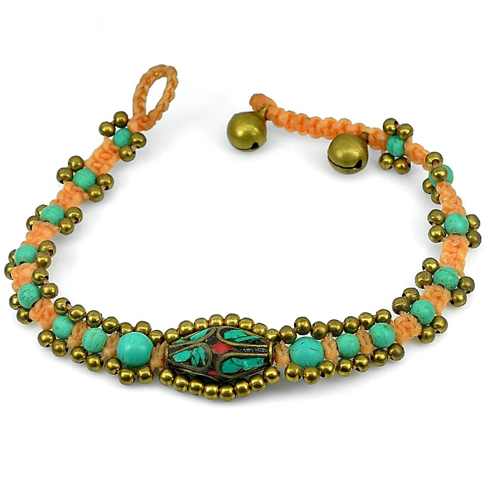 9.66 G. Natural Turquoise Handmade Bell Brass Jingling Crochet Bracelet 8 Inch.
