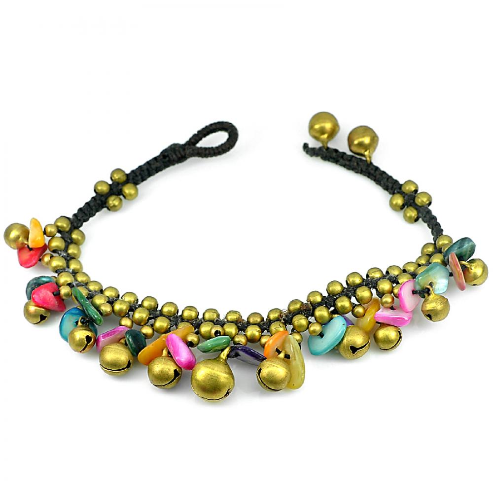 Good Handmade Color Stone Bell Brass Jingling Bracelet 8 Inch. Fashion Jewelry