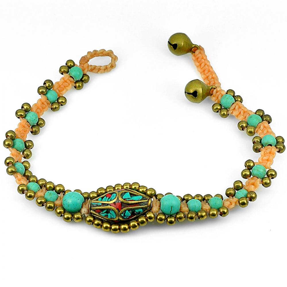 9.56 G. Natural Turquoise Handmade Bell Brass Jingling Crochet Bracelet 8 Inch.