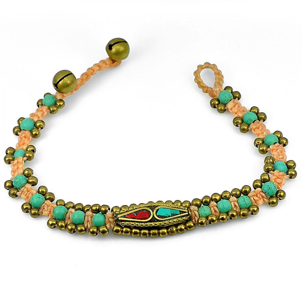 8.73 G. Natural Turquoise Handmade Bell Brass Jingling Crochet Bracelet 8 Inch.