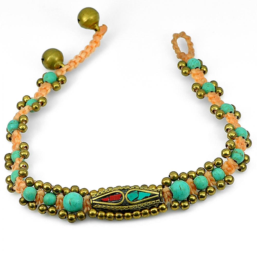 9.25 G. Natural Turquoise Handmade Bell Brass Jingling Crochet Bracelet 8 Inch.