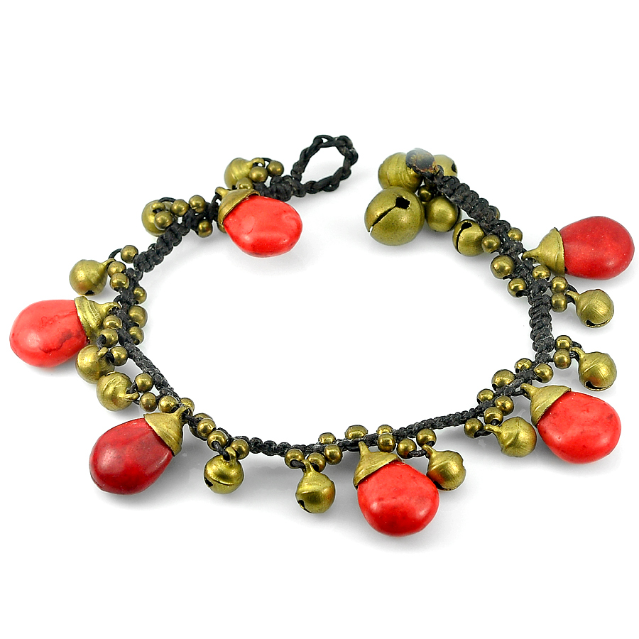 17.83 G. Handmade Jingling Natural Red Stone Agate Brass Bracelet 7.5 Inch.