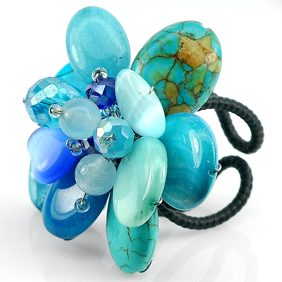20.20 G. Natural Turquoise Stone Handmade Crochet Fashion Jewelry Rhodium Ring