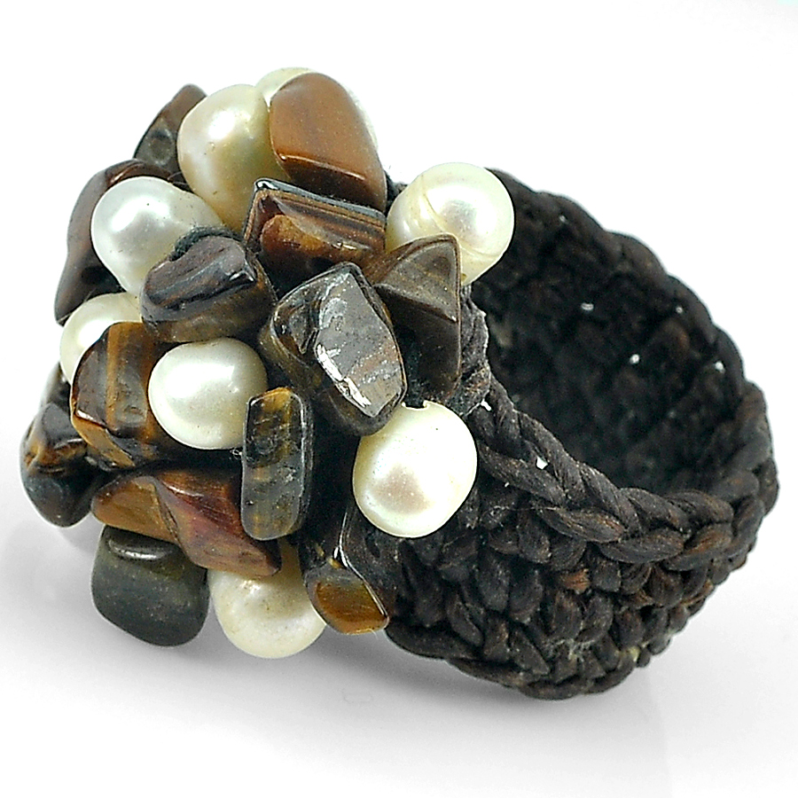 Brown Agate Pearl White Handmade Crochet Fashion Jewelry Ring Stretch Size 6-7