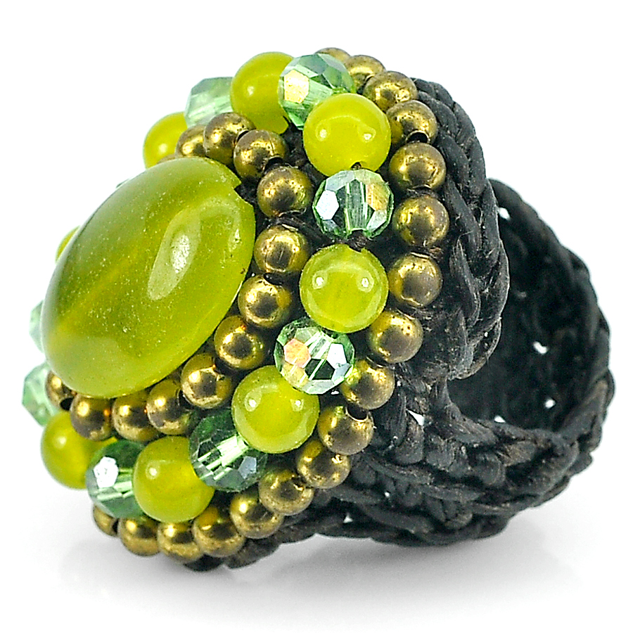 Green Glass Plastic Handmade Crochet Fashion Jewelry Ring Stretch Size6.5-7.5