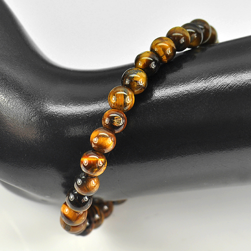 49.18 Ct. Natural Yellow Brown Color Tigers Eye Beads Bracelet Length 7 Inch.