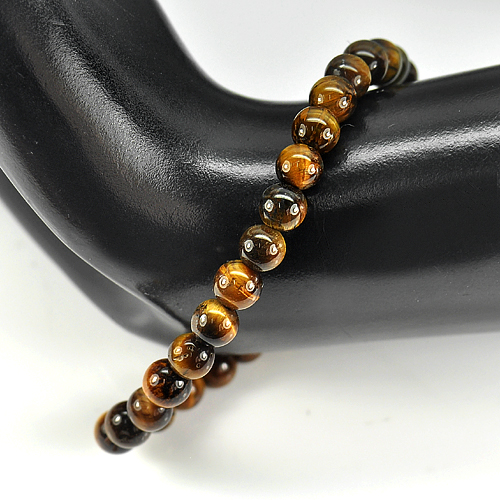 49.95 Ct. Natural Yellow Brown Color Tigers Eye Beads Bracelet Length 7 Inch.