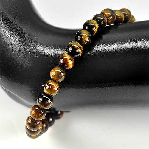 50.33 Ct. Natural Yellow Brown Color Tigers Eye Beads Bracelet Length 7 Inch.