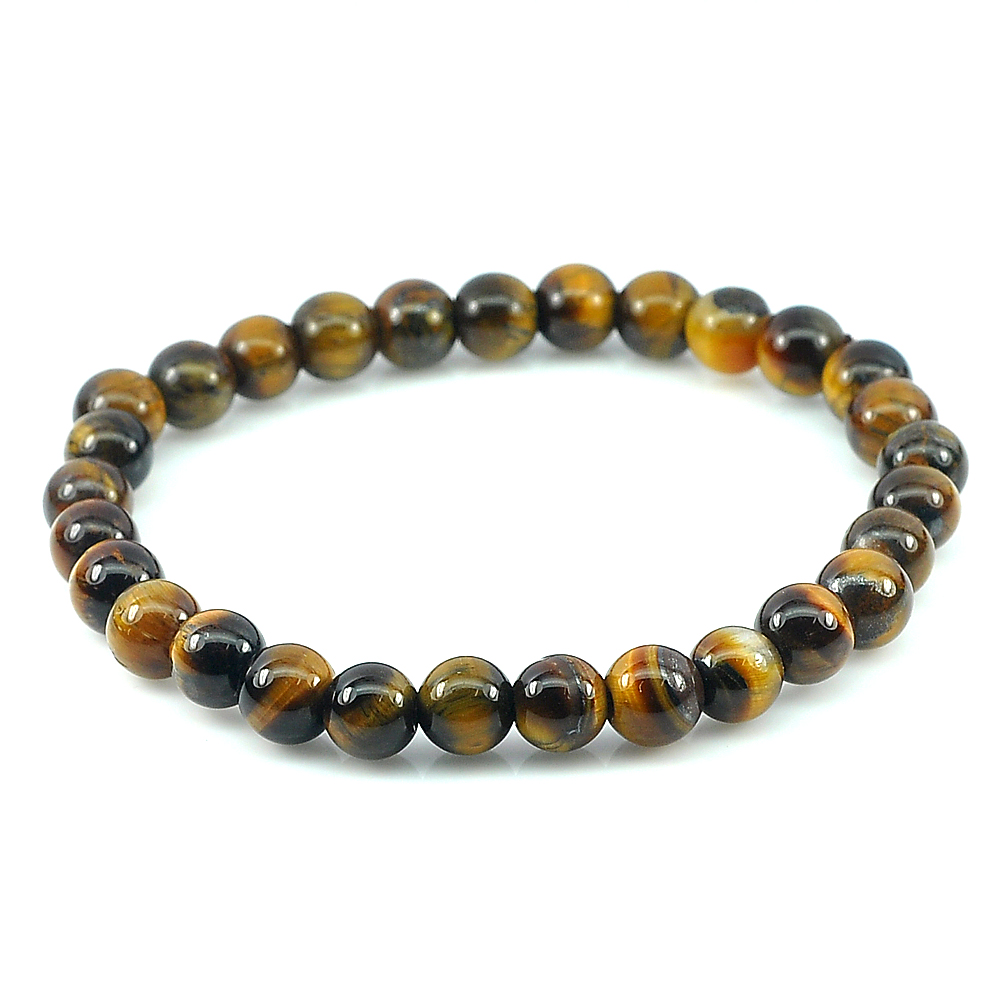 51.26 Ct. Natural Yellow Brown Color Tigers Eye Beads Bracelet Length 7 Inch.