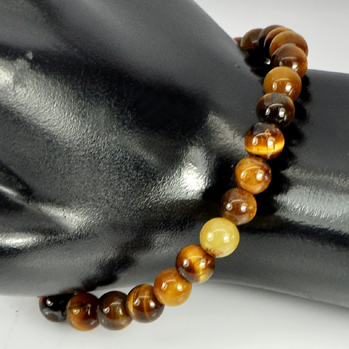 51 Ct. Natural Yellow Brown Color Tigers Eye Beads Bracelet Length 7 Inch.