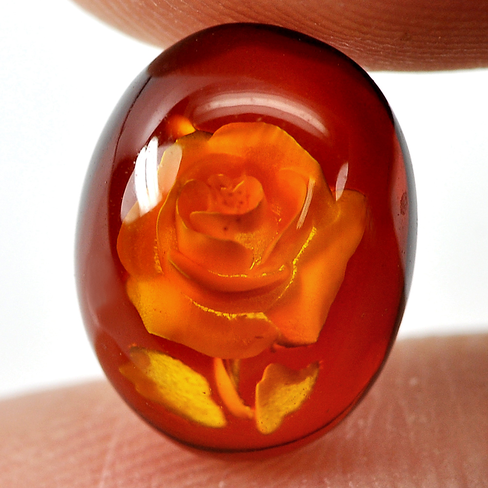 1.06 Ct. Good Color Oval Flower Carving In Natural Brown Yellow Amber Poland