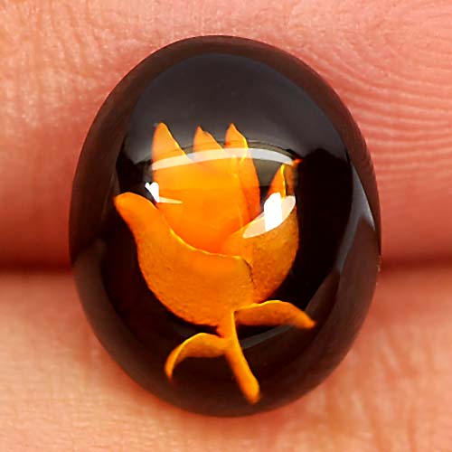 Natural Gem 0.74 Ct. Oval Cabochon Flower Carving In Brown Yellow Amber