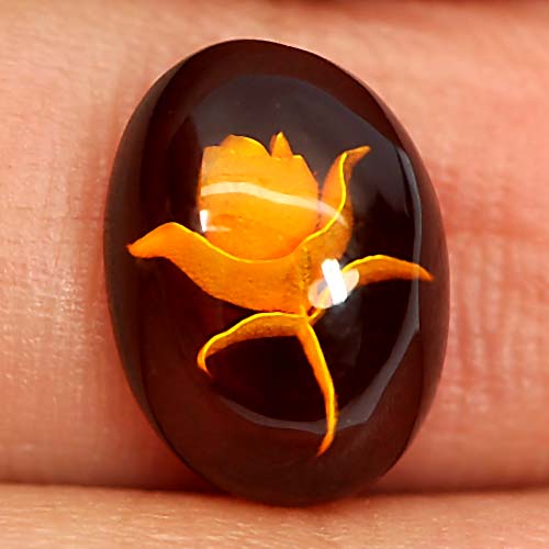 Natural Gemstone 0.82 Ct. Good Oval Cab Flower Carving In Brown Yellow Amber