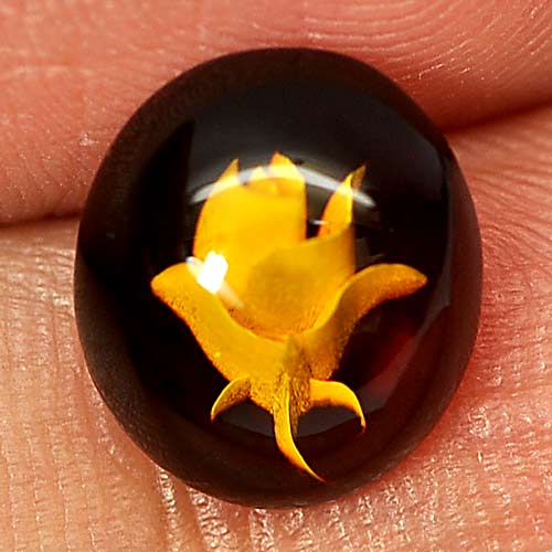 Natural Gem 0.82 Ct. Good Oval Cab Flower Carving In Brown Yellow Amber