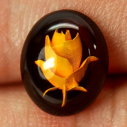 0.86 Ct. Oval Cabochon Natural Flower Carving In Brown Yellow Amber Gem