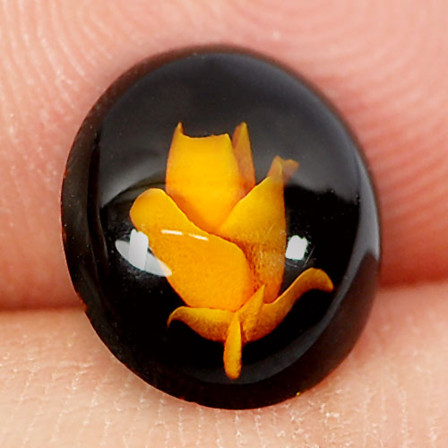 0.66 Ct. Nice Oval Cab Natural Gem Flower Carving In Brown Yellow Amber