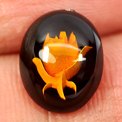 0.76 Ct. Oval Cabochon Natural Gem Flower Carving In Brown Yellow Amber
