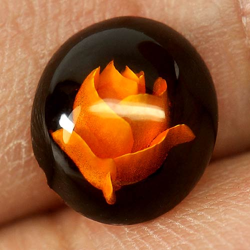 Natural Gem 0.80 Ct. Nice Oval Cabochon Flower Carving In Brown Yellow Amber