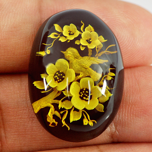 14.42 Ct. Oval Cab Natural Flower and Bird Carving In Brown Yellow Amber Poland