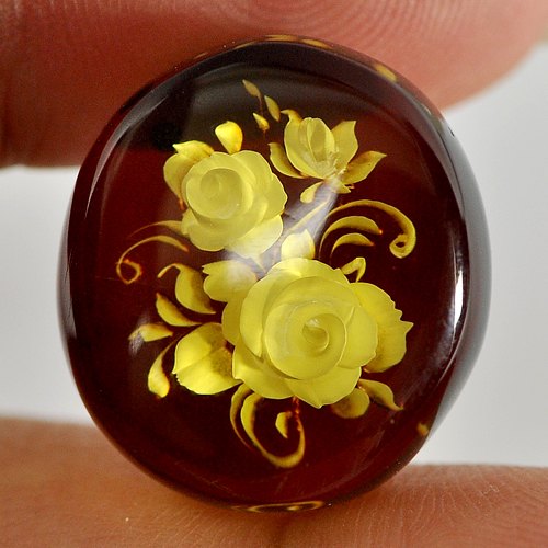 7.98 Ct. Oval Cab Natural Flower In Brown Yellow Amber Poland Unheated
