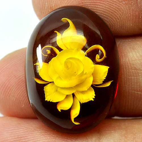 10.97 Ct. Oval Cab Natural Flower In Brown Yellow Amber Unheated Poland