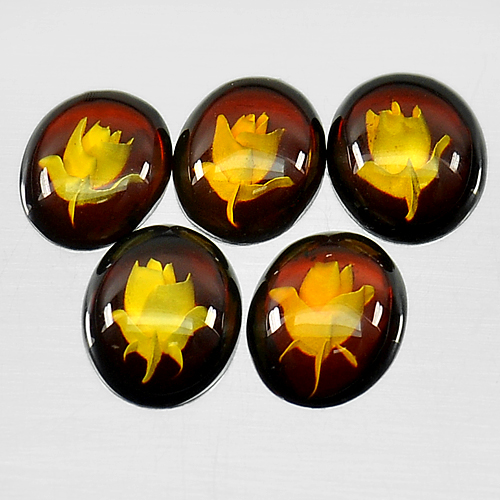 2.53 Ct. 5 Pcs. Oval Cabochon Natural Amber Flower In Brown Yellow Unheated