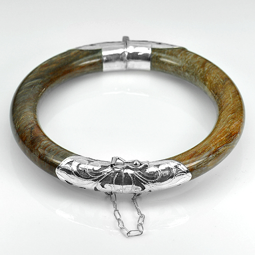 243.76 Ct. Natural Brown Petrified Wood Unique Pattern Bangle Silver Very Good