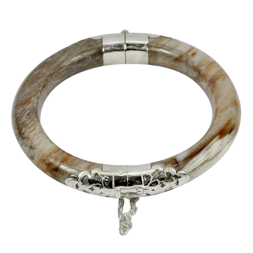 281.98 Ct. Natural White Brown Petrified Wood Unique Pattern Bangle with Silver