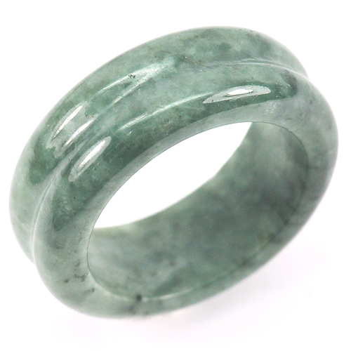 27.46 Ct. Unheated Round Cabochon Green White Natural Jadeite Ring Size 7.5