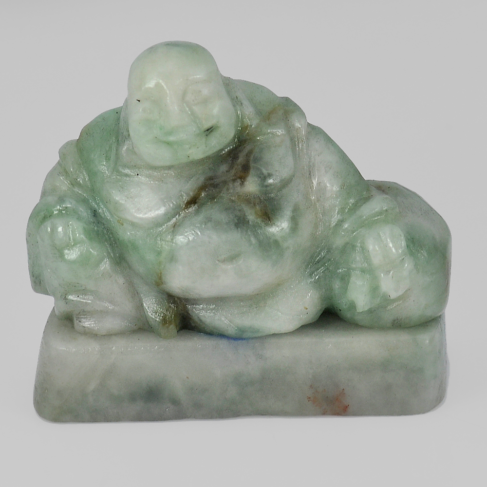 264.05 Ct. Natural Gemstone Green White Jade Happy Smile Buddha Carving Unheated