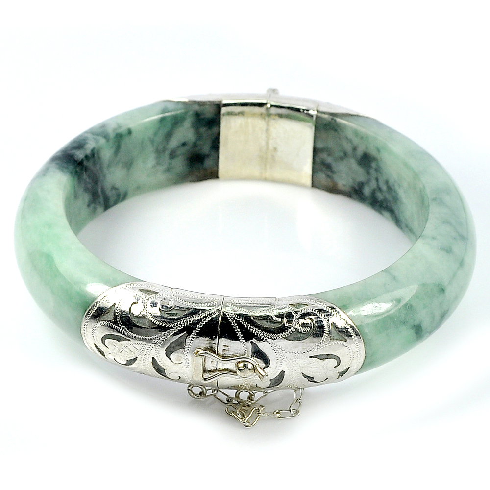 400 Ct. Diameter 60 Mm. Natural Gemstone Green Color Jade Bangle with Silver